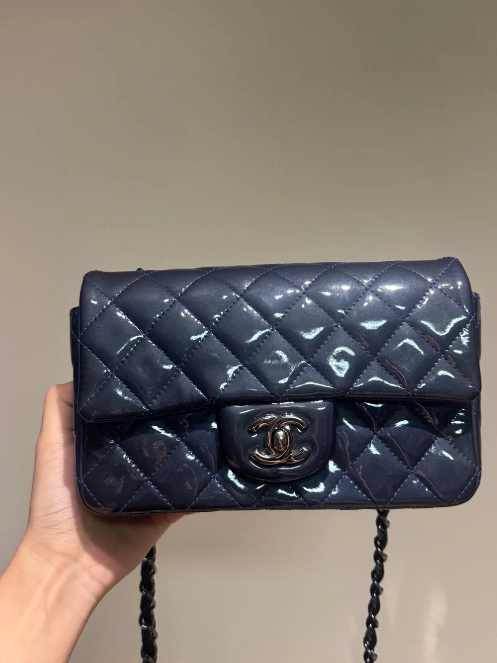 CHANEL Quilted Patent Leather Mini Flap Bag in Navy
